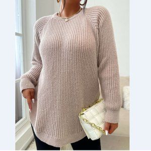 Plus Size Side Slit Rib-Knit Raglan Sleeve Sweater